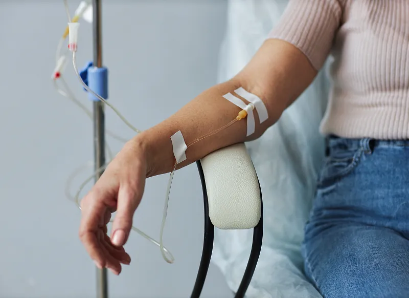 IV therapy bag delivering nutrients during medical detox at RECO Island