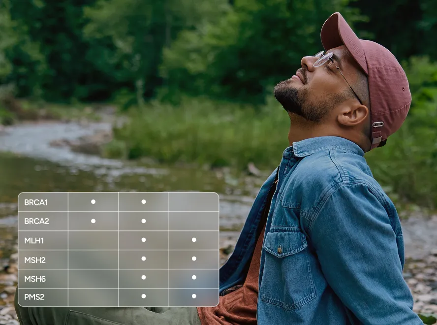 Man wearing glasses and a pink cap relaxing outdoors near a river, with a transparent table overlay showing genetic marker names and corresponding dots.